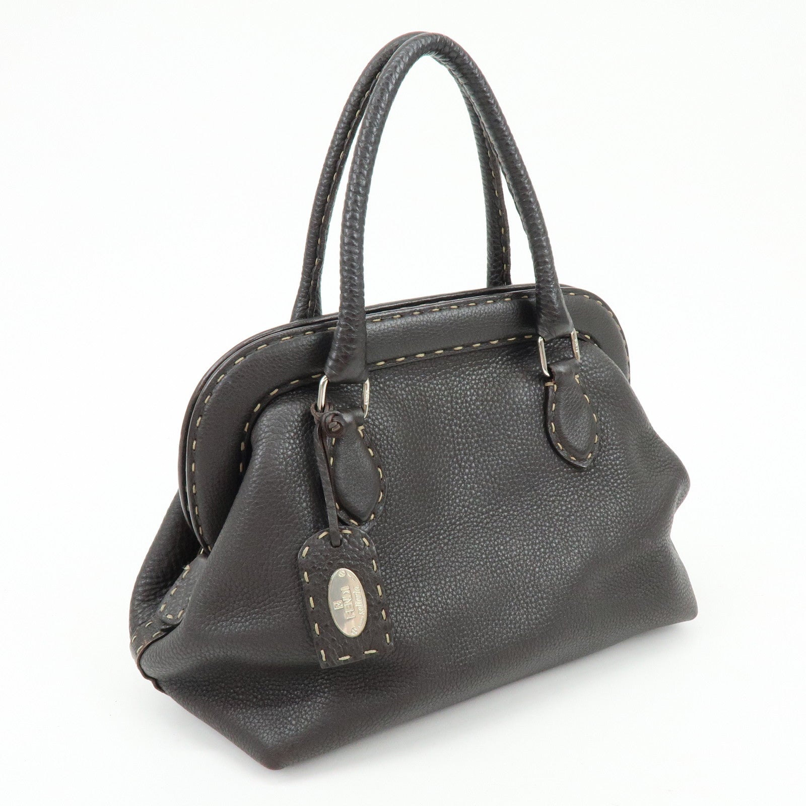 FENDI Selleria Stitches Leather Boston Bag Hand Bag Dark Brown 8BN127