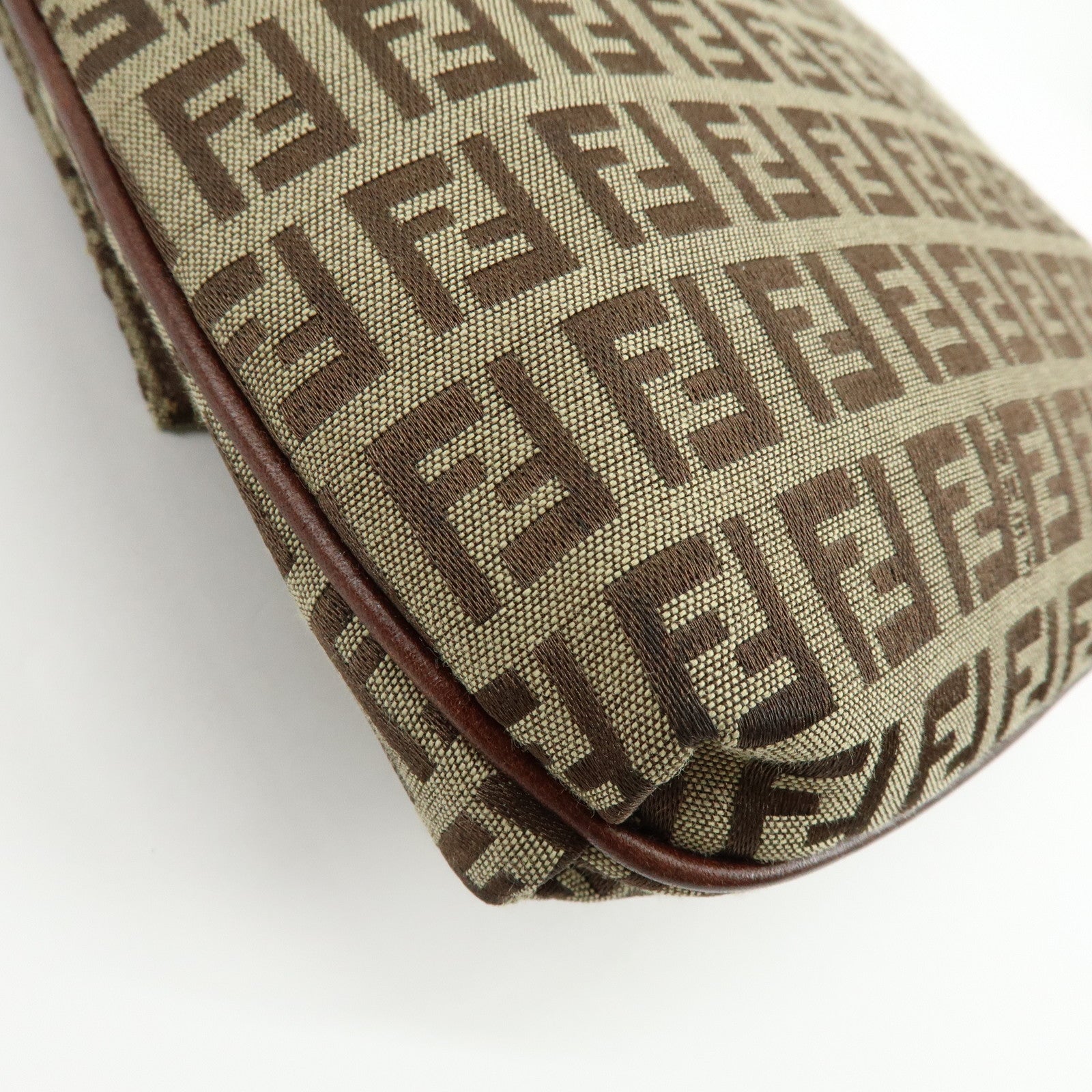 FENDI Zucchino Canvas Leather Shoulder Bag Beige Brown 8BT075