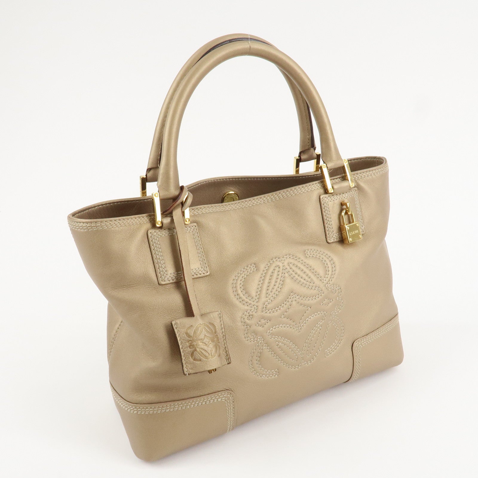LOEWE Amazona Anagram Leather Fusta Tote Bag Hand Bag Beige Used