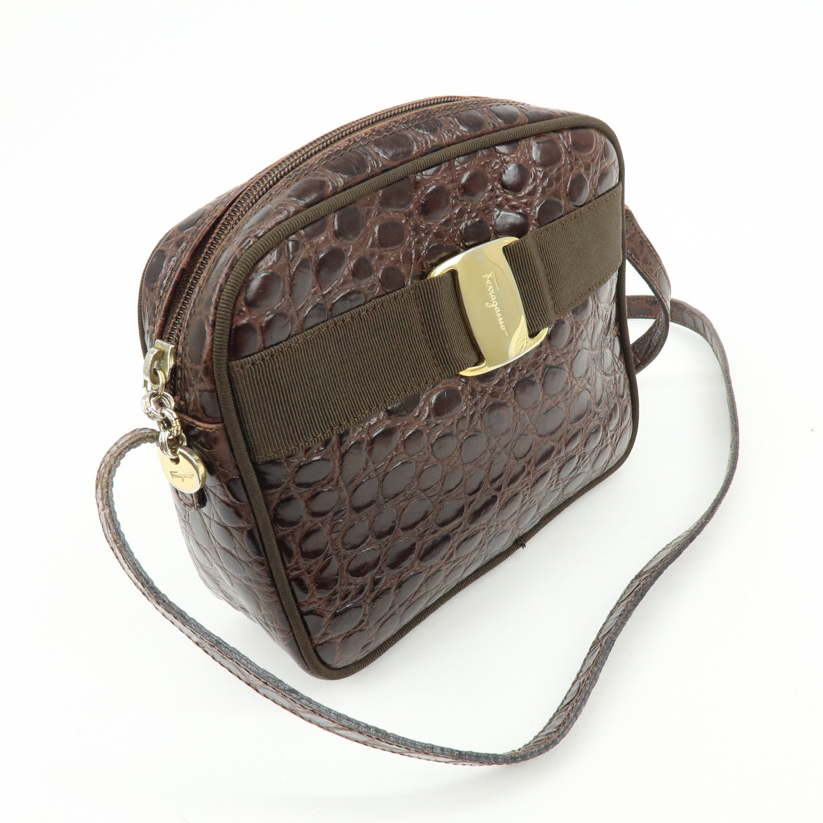 Ferragamo Vara Embossed Leather Shoulder Bag Crossbody Bag Brown