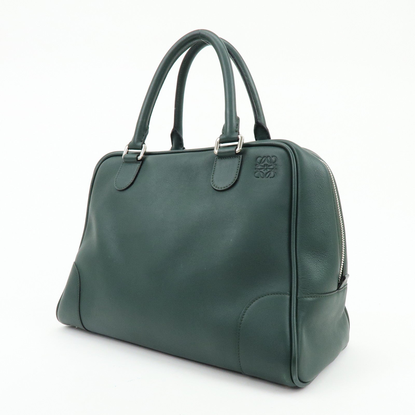 LOEWE Anagram Amazona Leather Boston Bag Hand Bag Dark Green