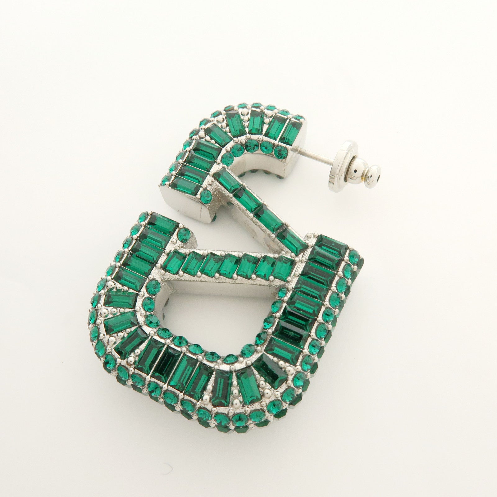 VALENTINO V Logo Signature Metal Rhinestone Earrings Green Silver
