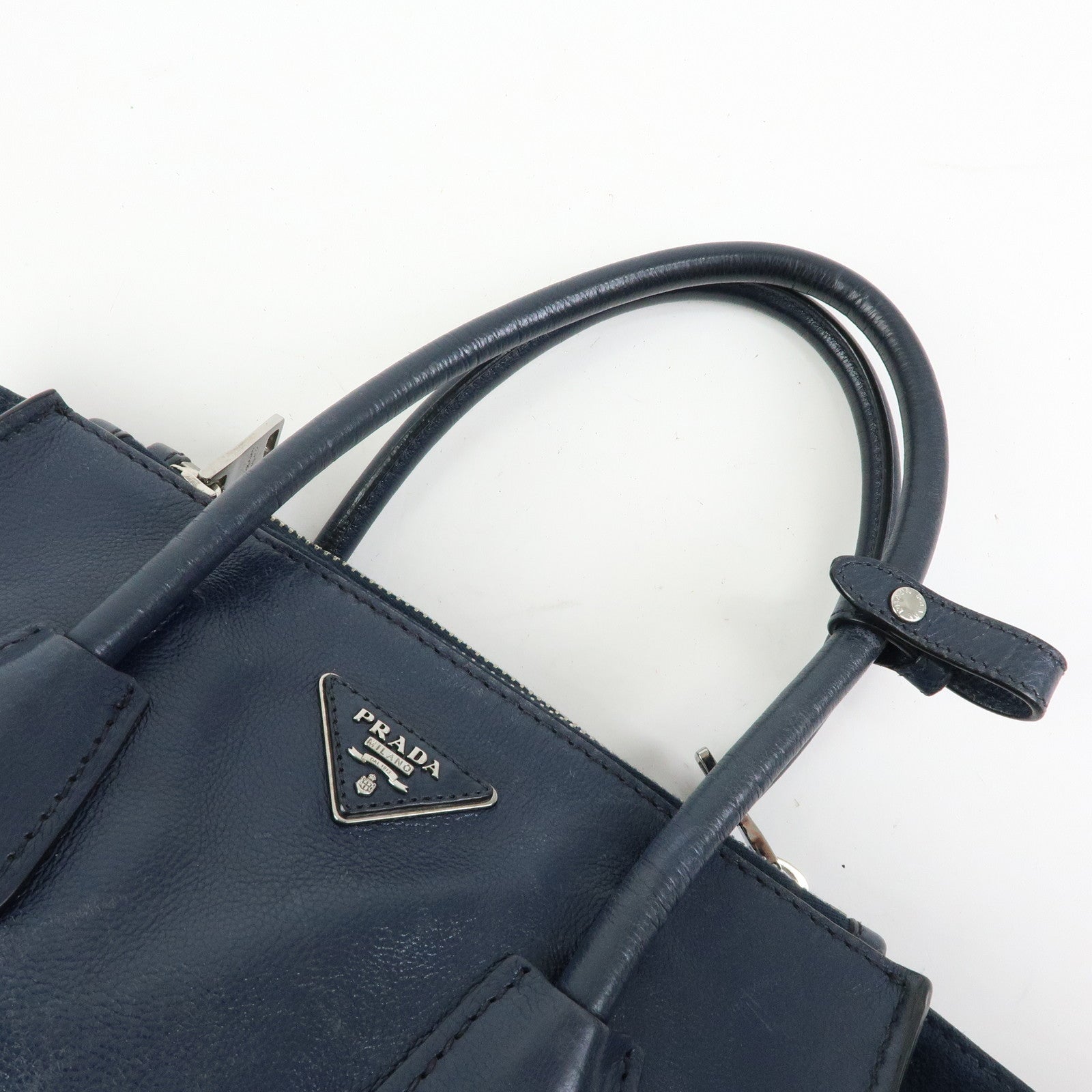 PRADA Triangle Logo Leather 2Way Bag Tote Bag Hand Bag Navy B2625M