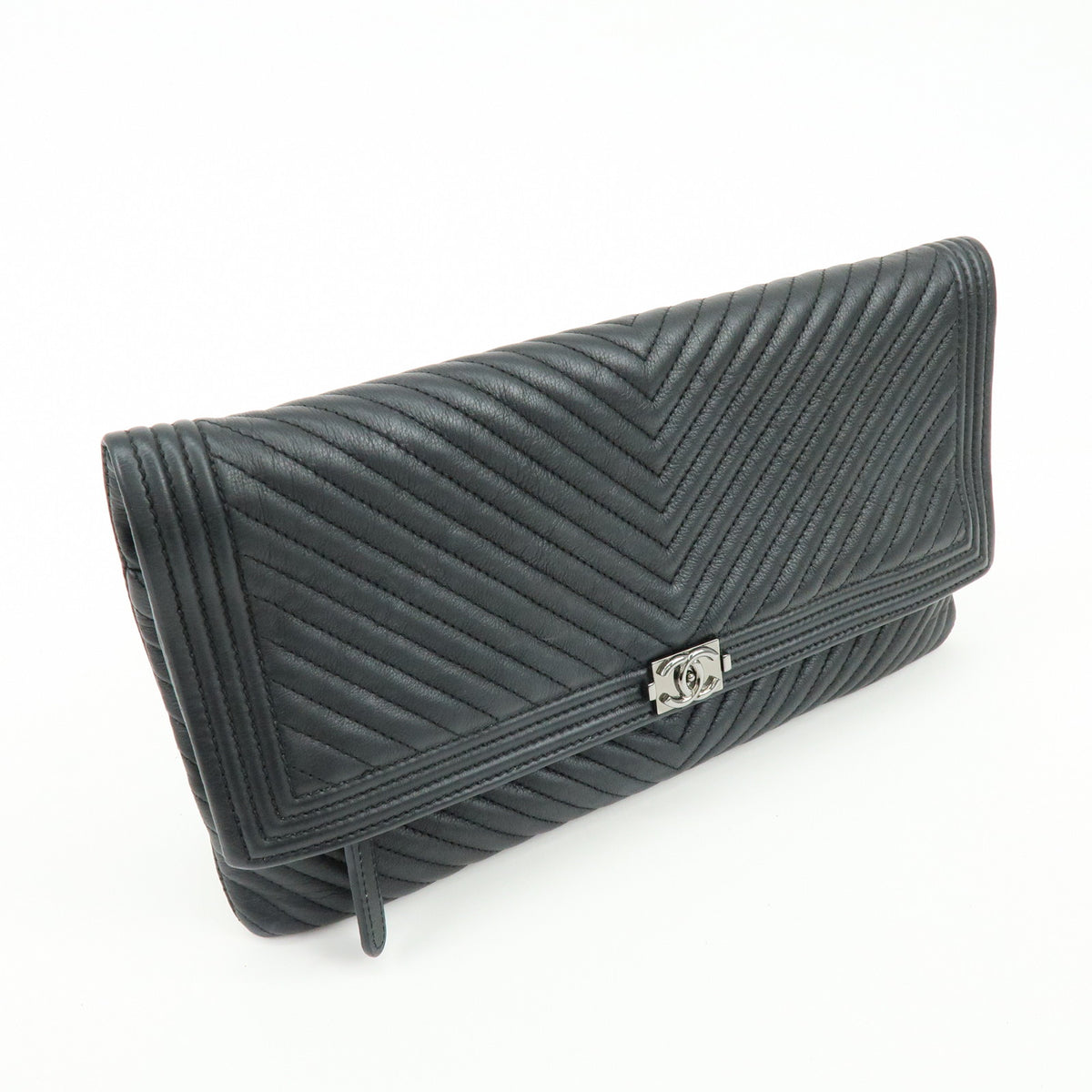 CHANEL Boy Chanel Chevron Calfskin Clutch Bag Black Silver