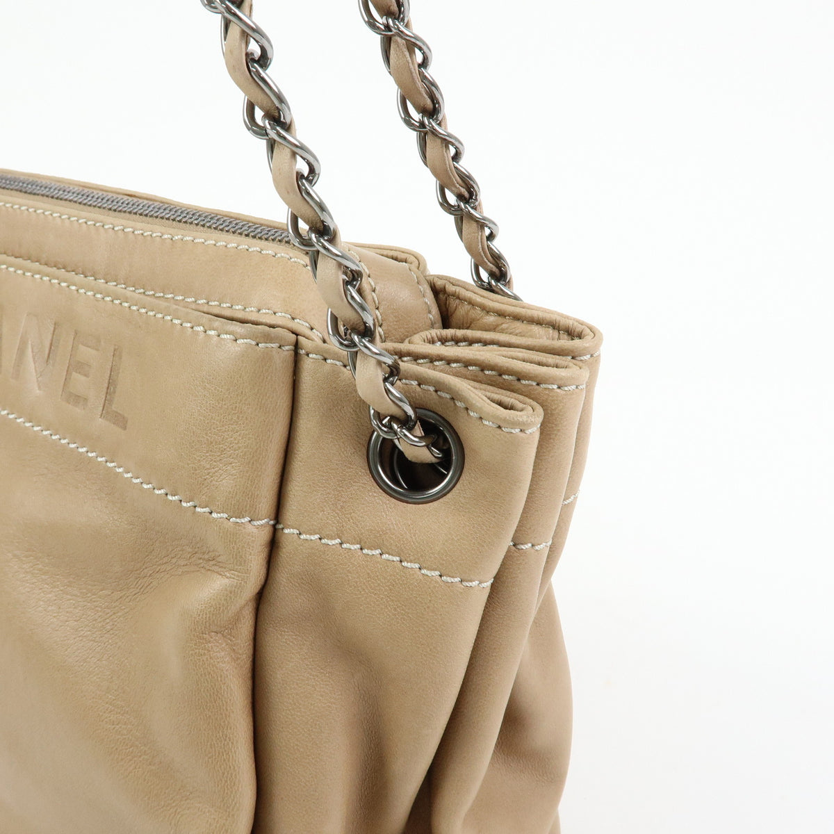 CHANEL LAX Accordion Lamb Skin Chain Shoulder Bag Hand Bag Beige