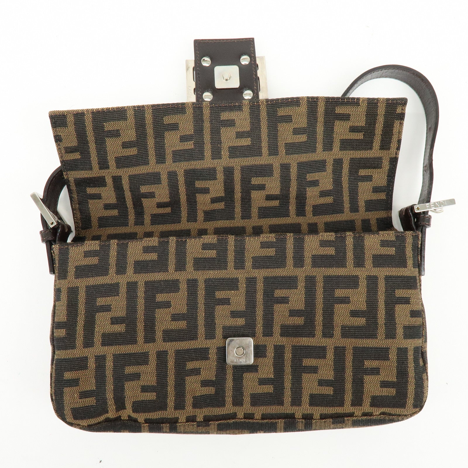 FENDI Mamma Baguette Jacquard Canvas Leather Shoulder Bag Brown 26424