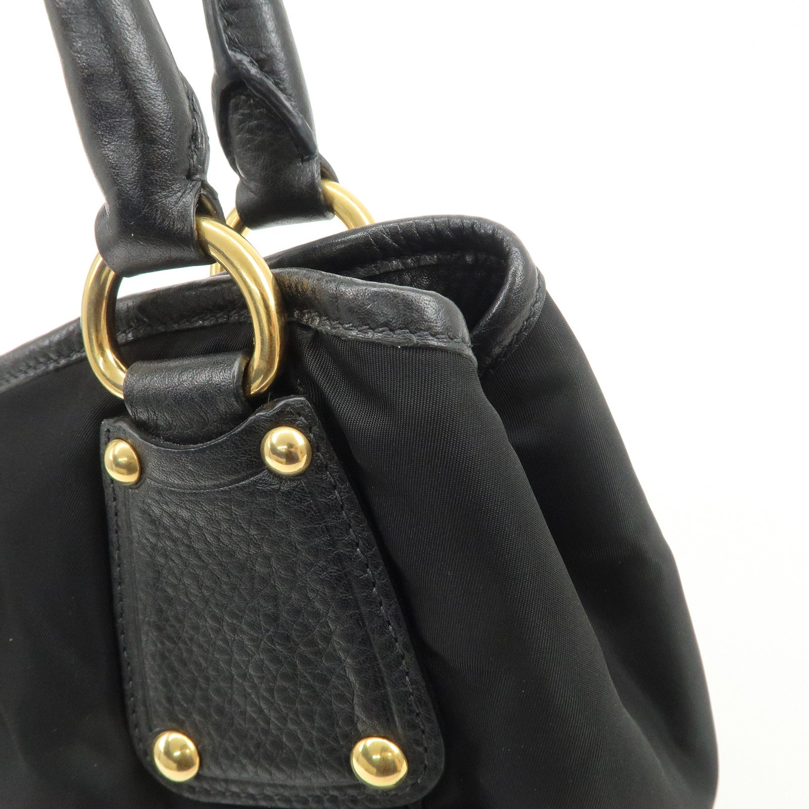 PRADA Nylon Leather Tote Bag Shoulder Bag Black Gold HDW BR4635 Used