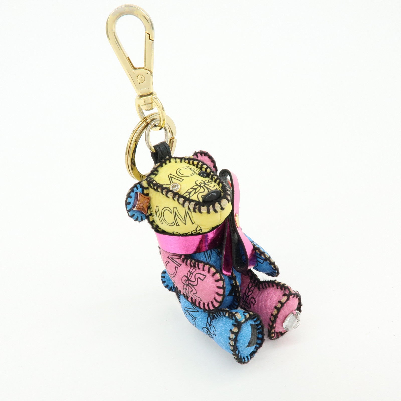 MCM Visetos Bear Leather Bag Charm Key Chain Yellow Pink Blue
