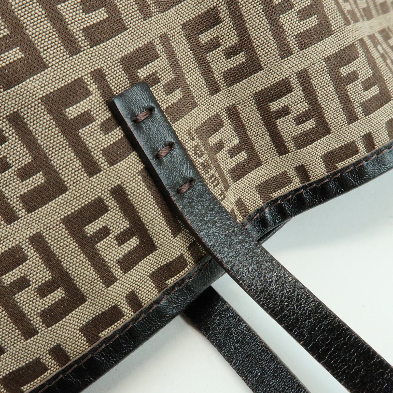 FENDI Zucchino Canvas Leather Tote Bag Shoulder Bag Brown