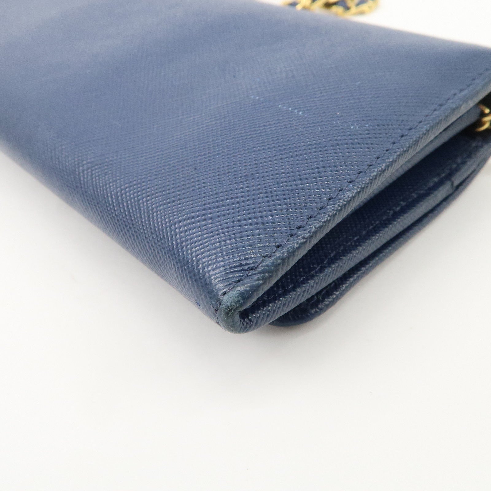 PRADA Logo Leather Chain Wallet WOC Blue Gold Hardware 1MT290 Used