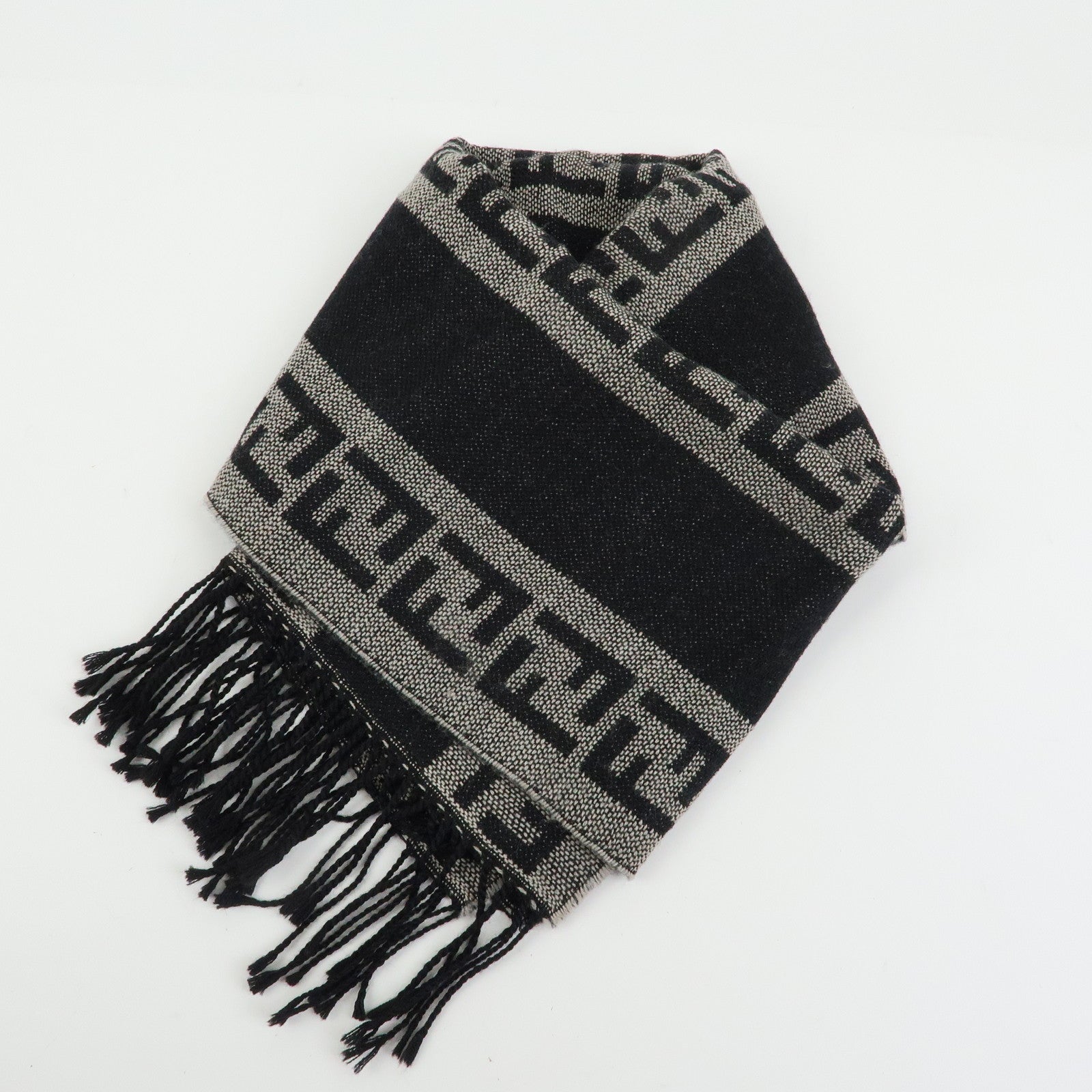 FENDI Zucca Wool 100% Striped Scarf Stole Black Gray