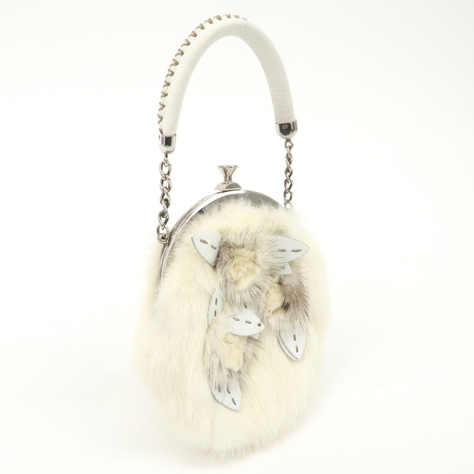 FENDI Seleria Leather Fur Flower Motif Kiss Lock Pouch Hand Bag 8BK048 Used