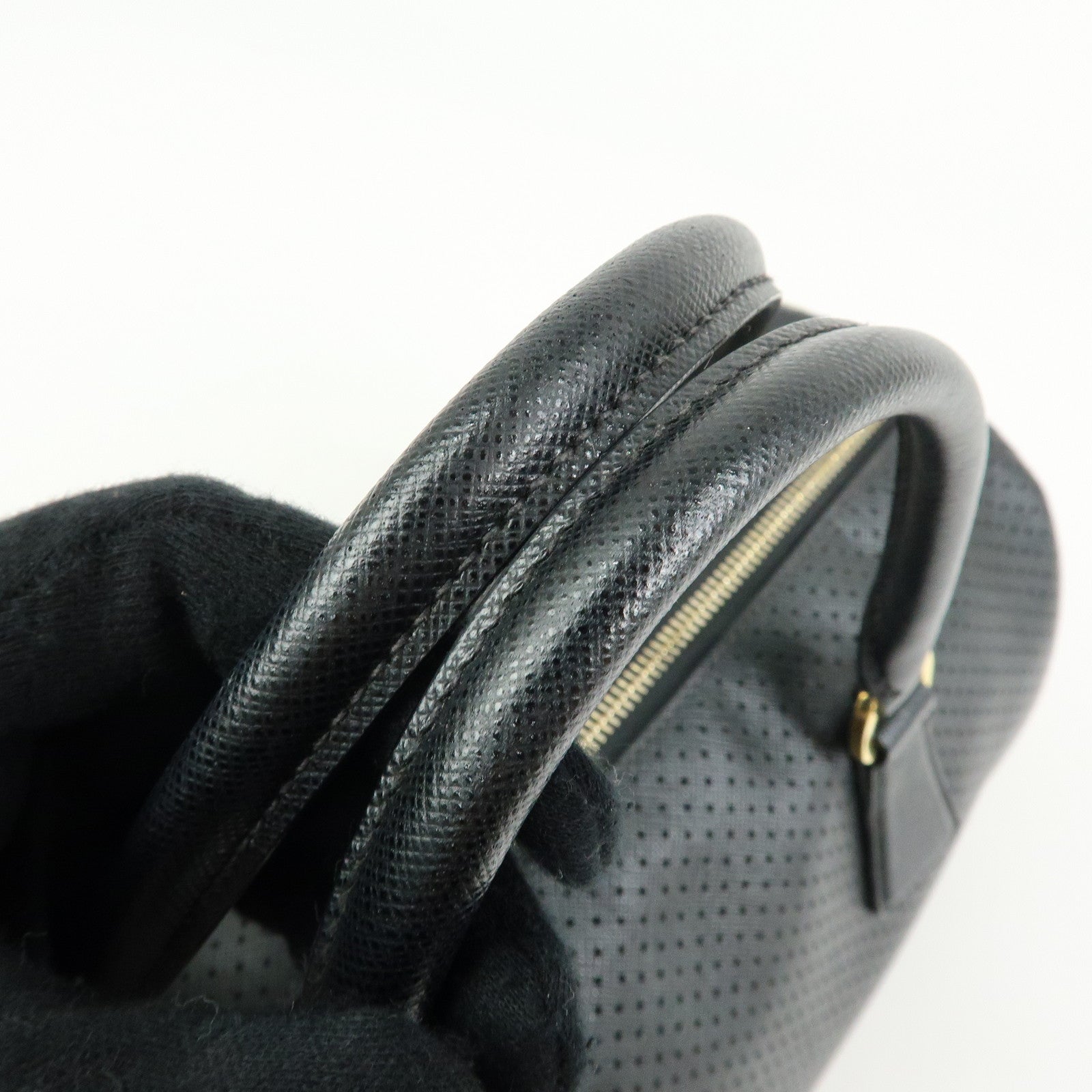 PRADA Triangle Logo Perforated Saffiano Leather 2Way Boston Bag Black