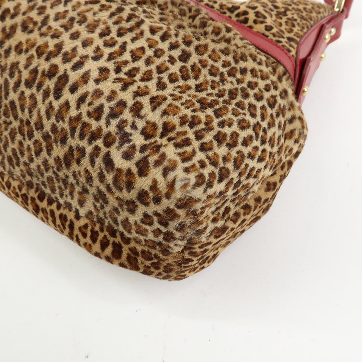 FENDI Pony Hair Leather Leopard Shoulder Bag Hand Bag Brown Red 8BR448