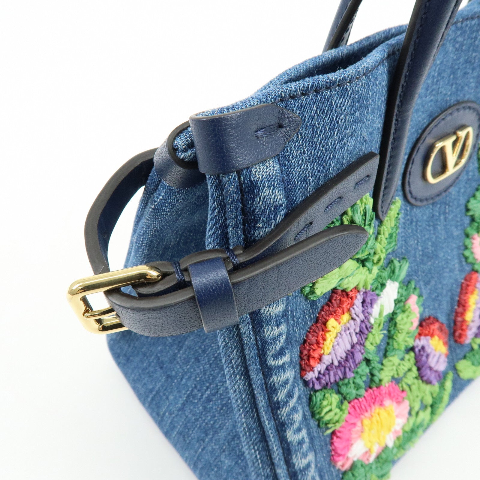 VALENTINO Denim Leather 2Way Hand Shoulder Bag Flower Embroidered