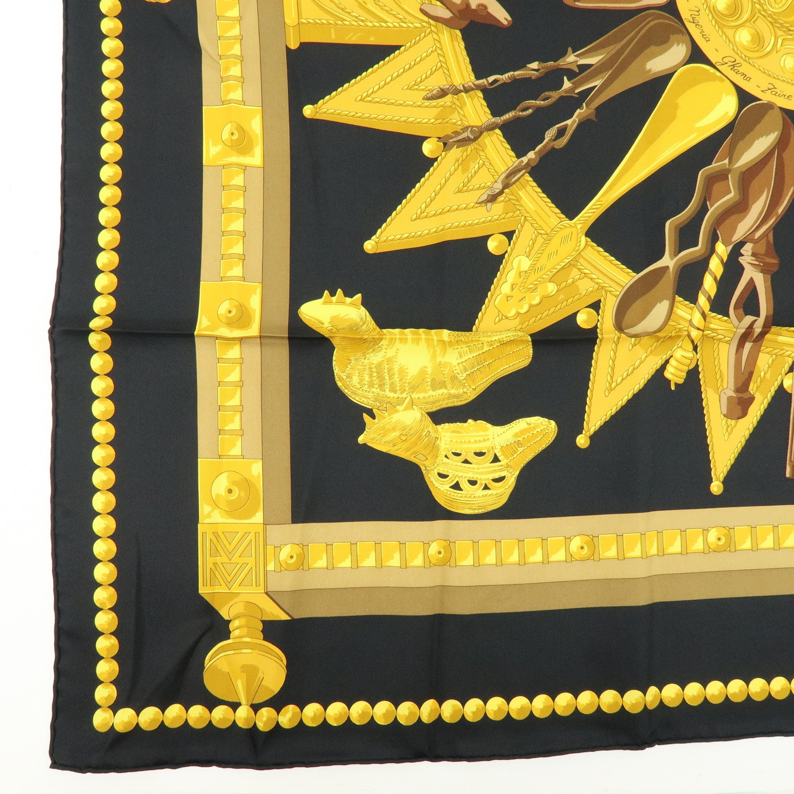 HERMES Carre 90 Silk 100% Scarf CUILLERS D'AFRIQUE Black Gold Brown