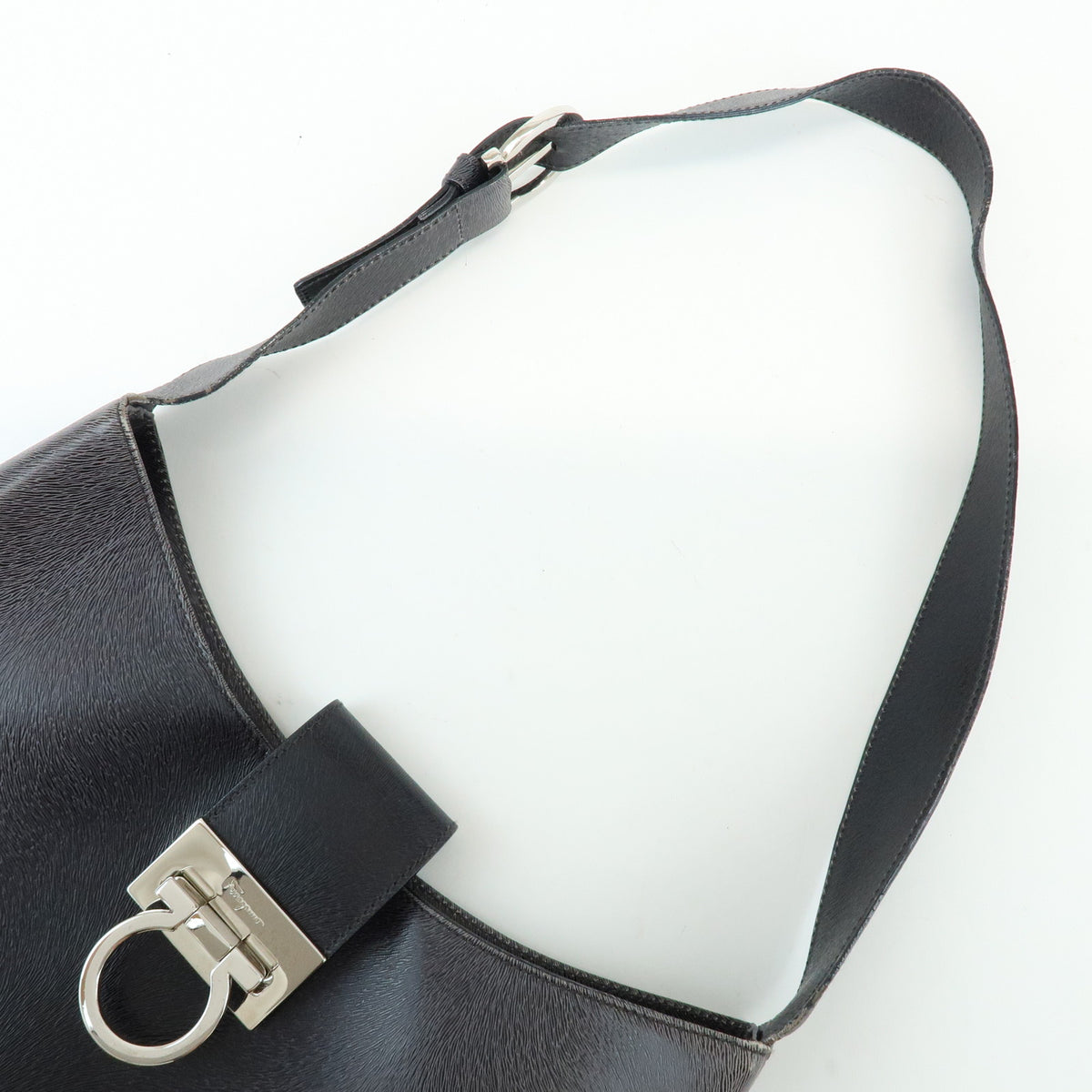 Ferragamo Gancini Leather Shoulder Bag Hand Bag Black Grey