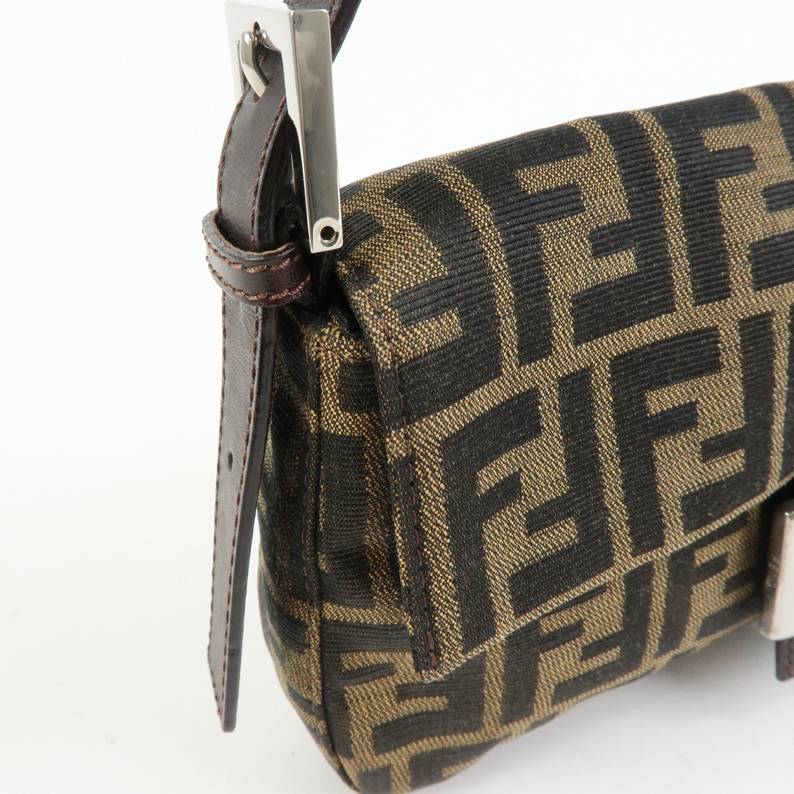 FENDI Mamma Baguette Zucca Canvas Leather Shoulder Bag Brown 26424