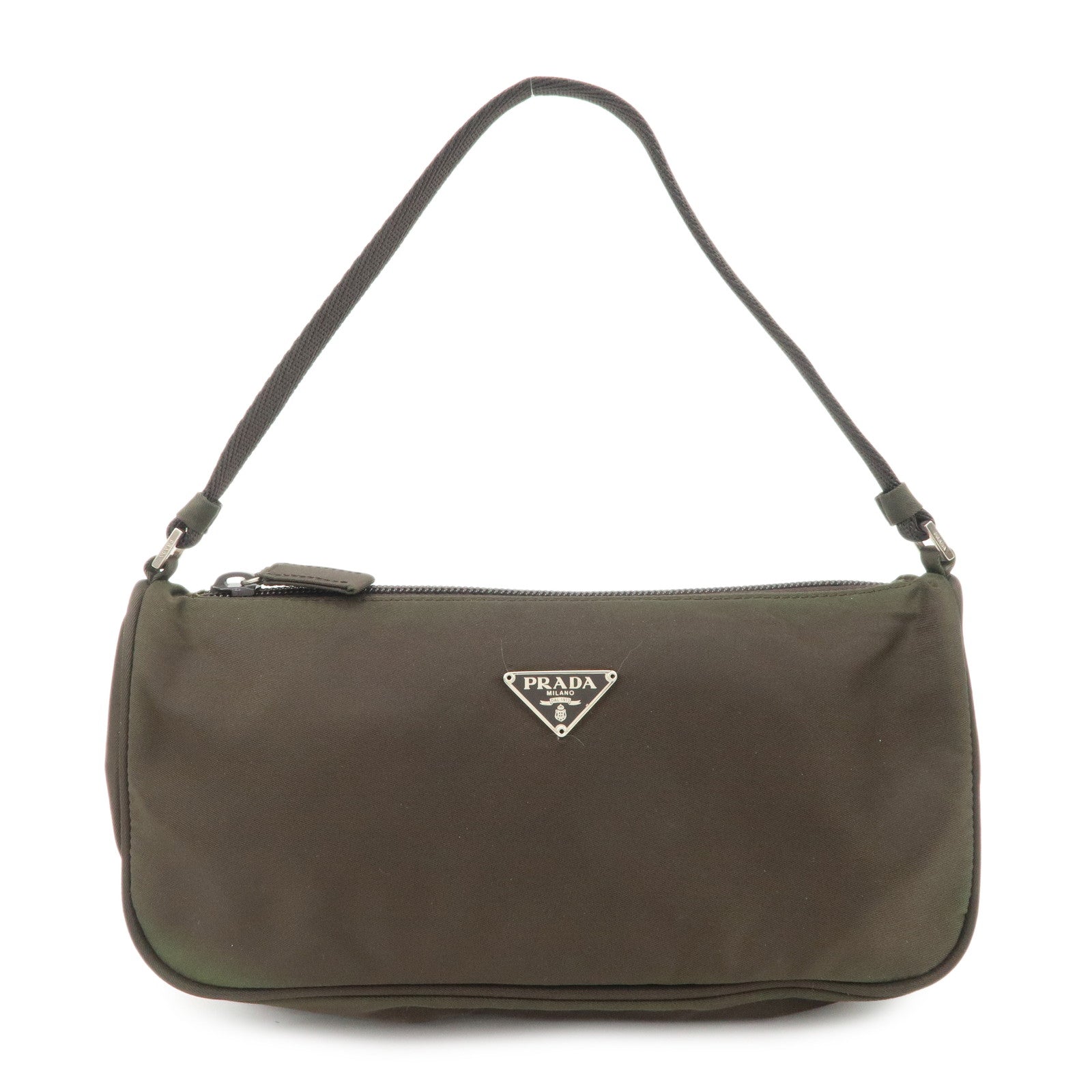 PRADA Triangle Logo Nylon Leather Accessory Pouch Hand Bag Khaki Silver HDW Used