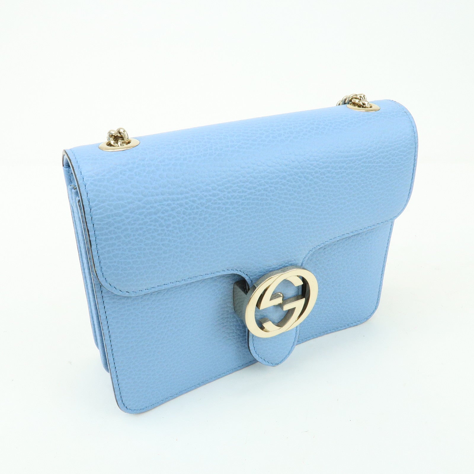 GUCCI Interlocking G Leather Chain Shoulder Bag Light Blue 510304