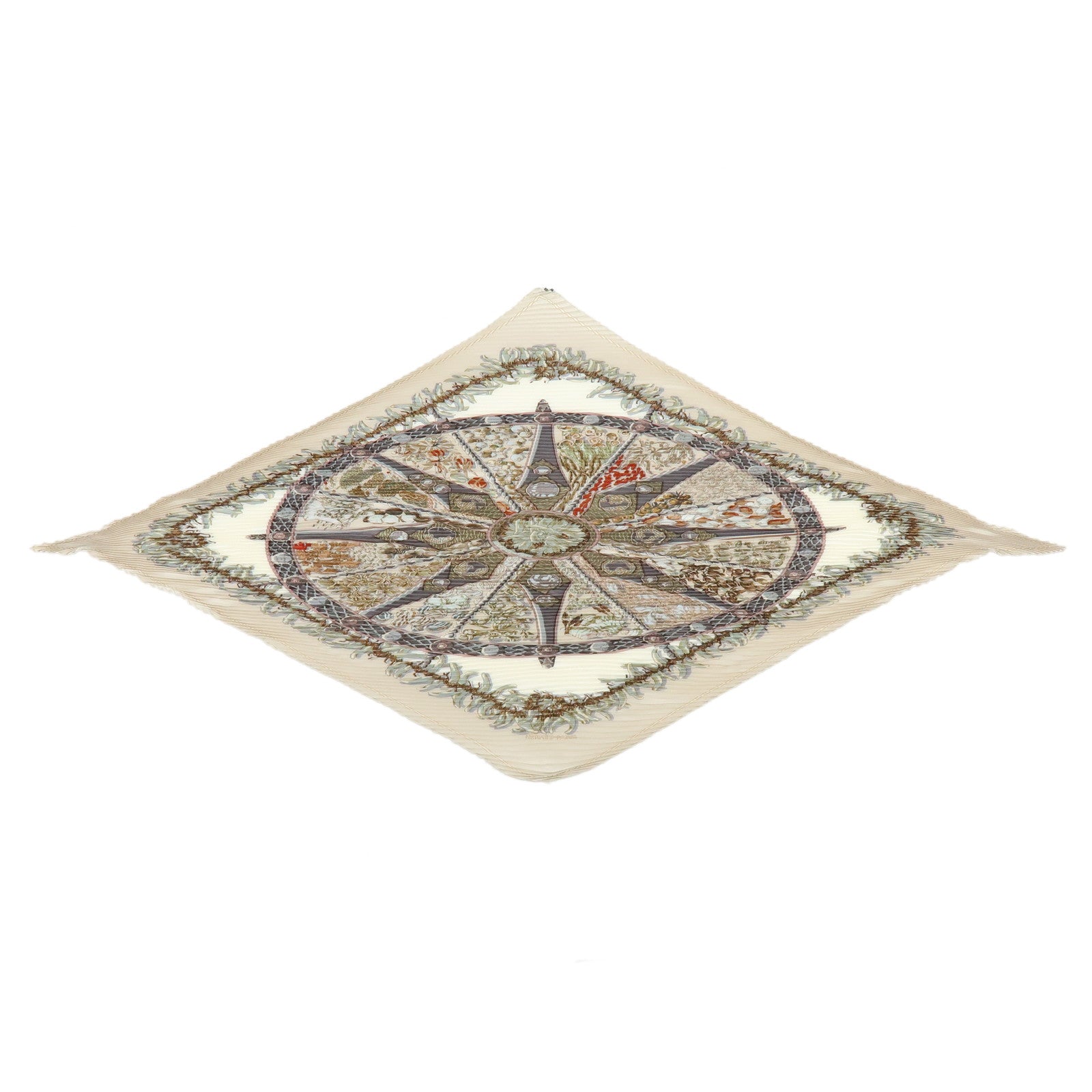 HERMES Pleated Carre 90 Silk 100% Scarf AUXPAYS DES EPICES Ivory Beige