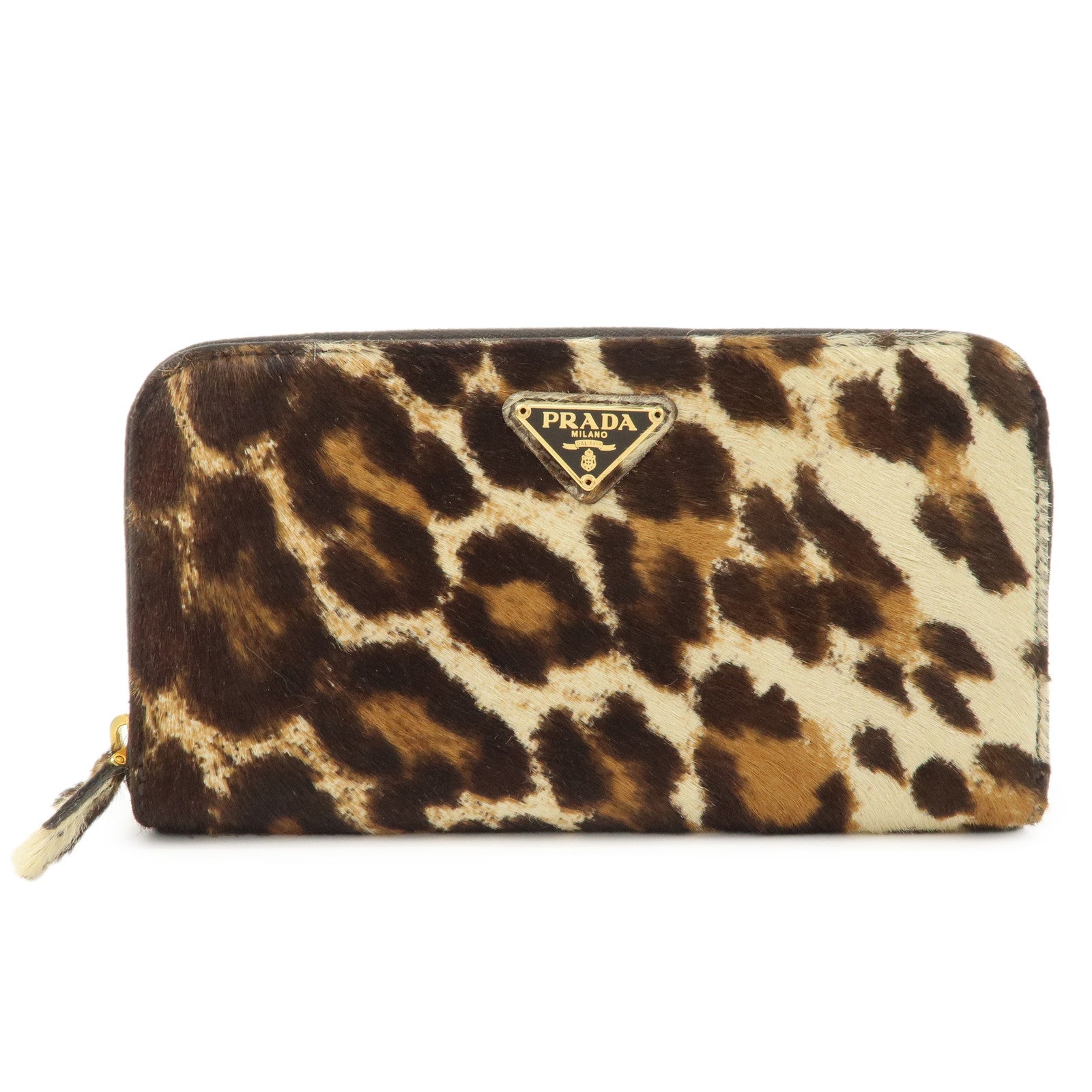 PRADA Leather Unborn Calf Round Zippy Wallet Leopard 1M0506 Used