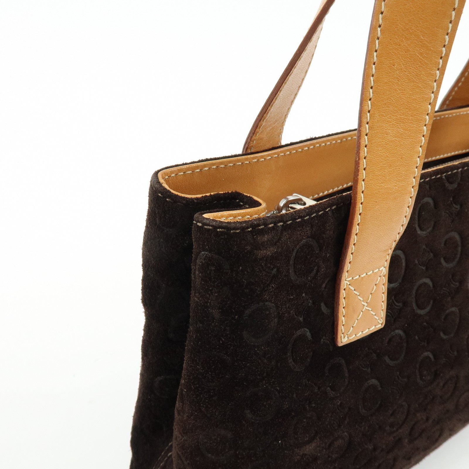 CELINE C Macadam Suede Leather Hand Bag Tote Bag Dark Brown