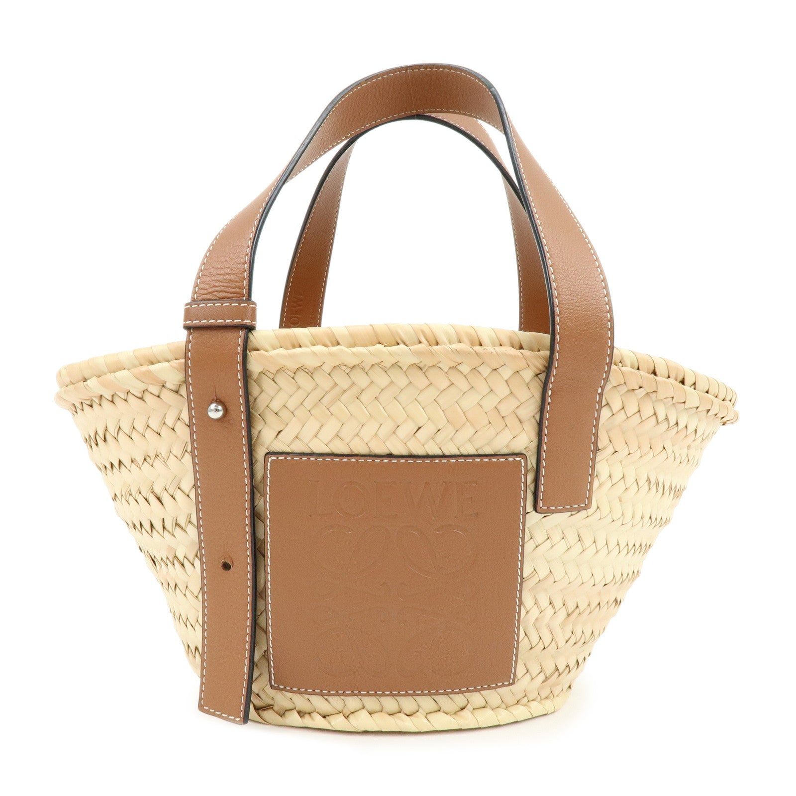 LOEWE Raffia Leather Basket Bag Hand Bag Natural Tan