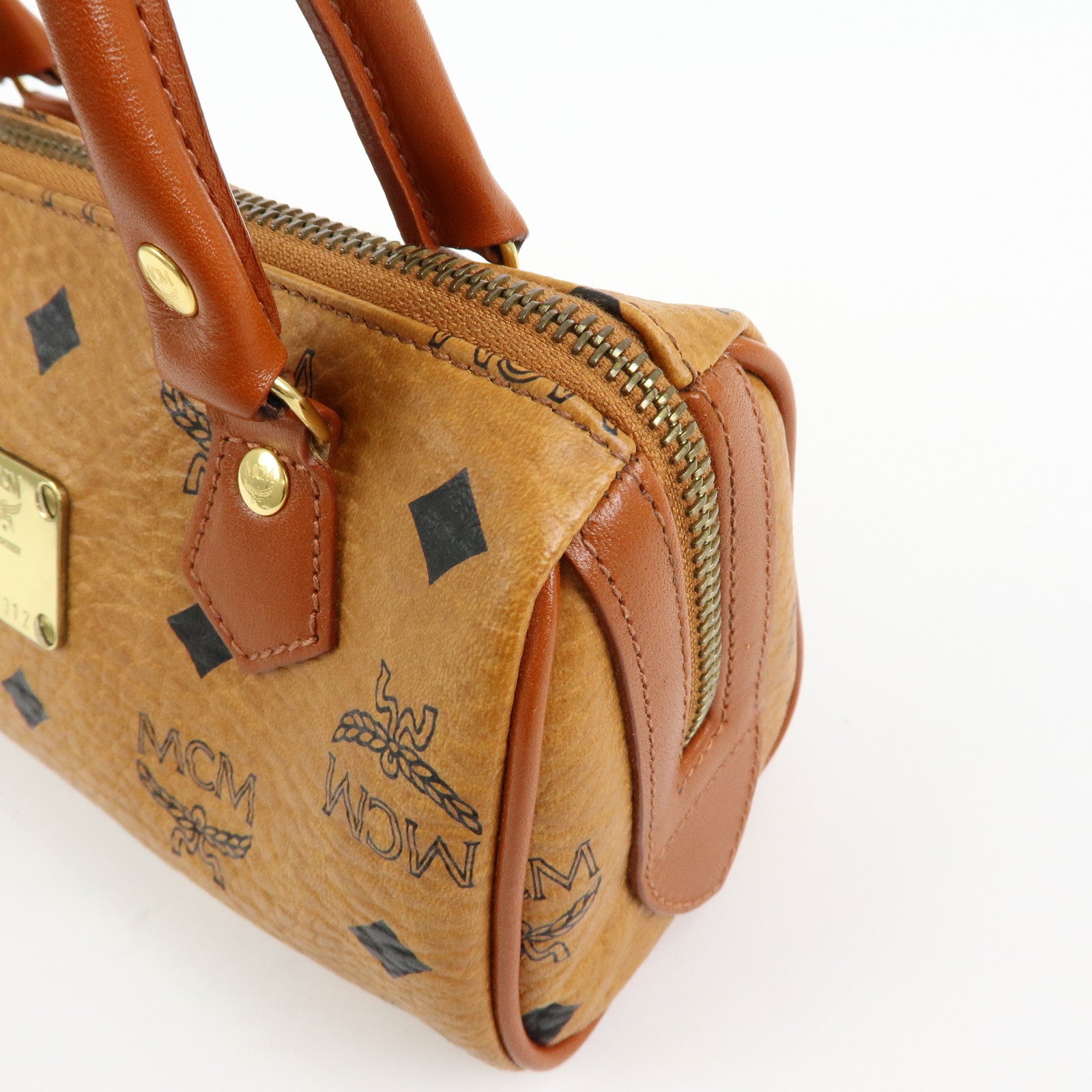 MCM Visetos Leather 2Way Bag Mini Boston Bag Hand Shoulder Bag Brown
