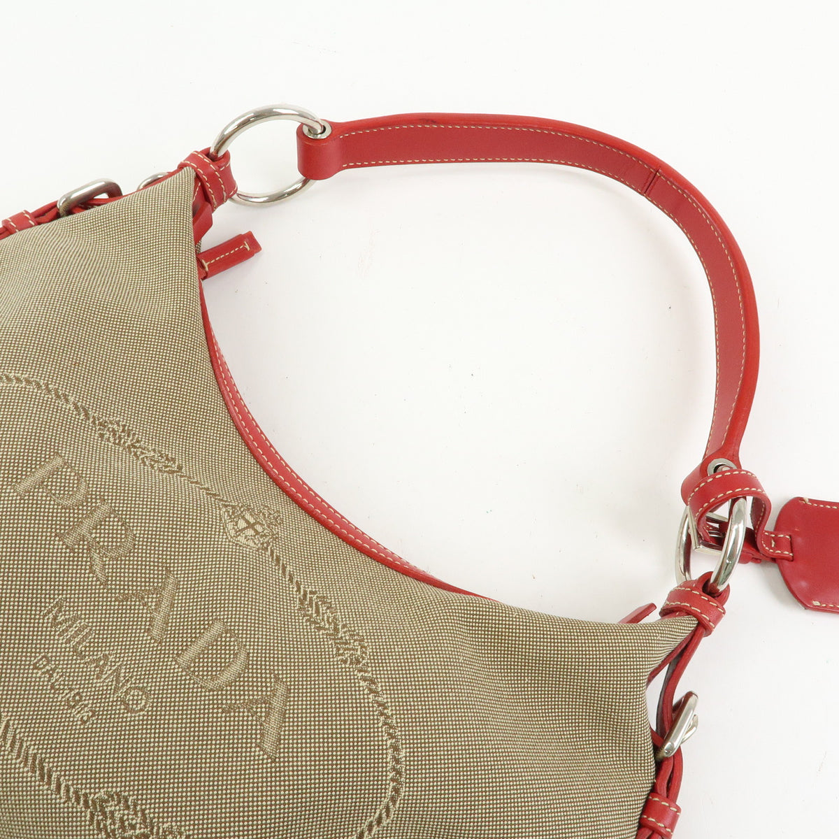 PRADA Logo Jacquard Leather Shoulder Bag Hand Bag Beige Red BR3429