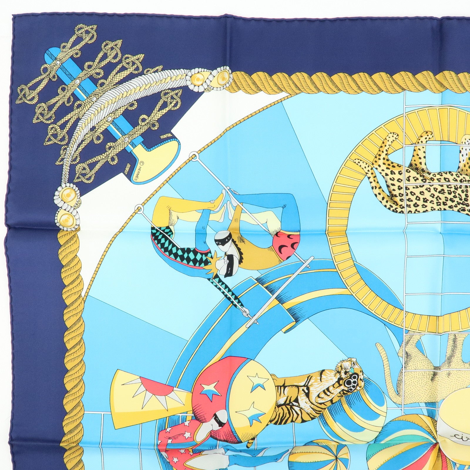 HERMES Carre 90 Silk 100% Scarf Circus Blue Yellow White