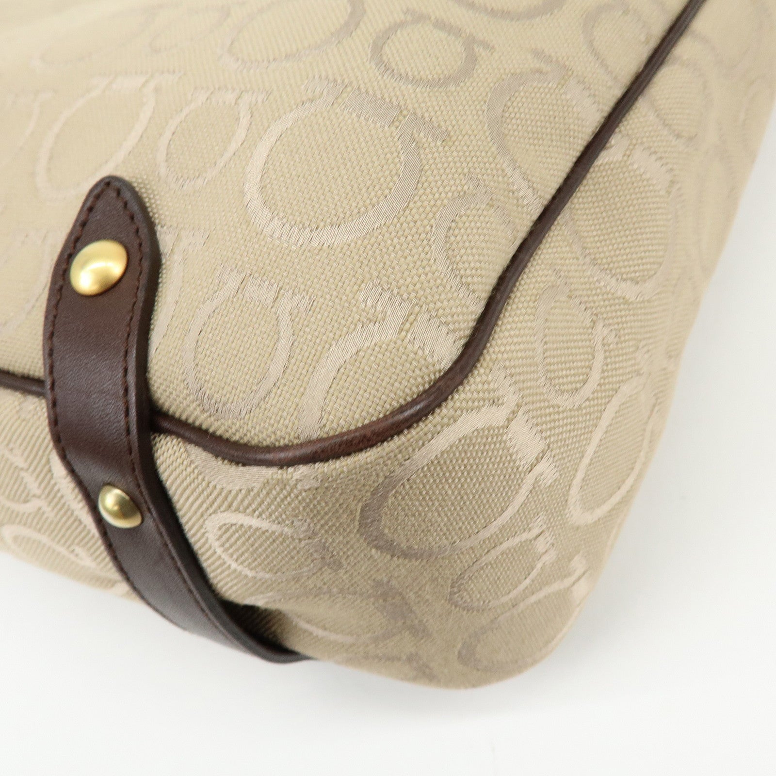 Ferragamo Gancini Canvas Leather Tote Bag Hand Bag Beige Brown