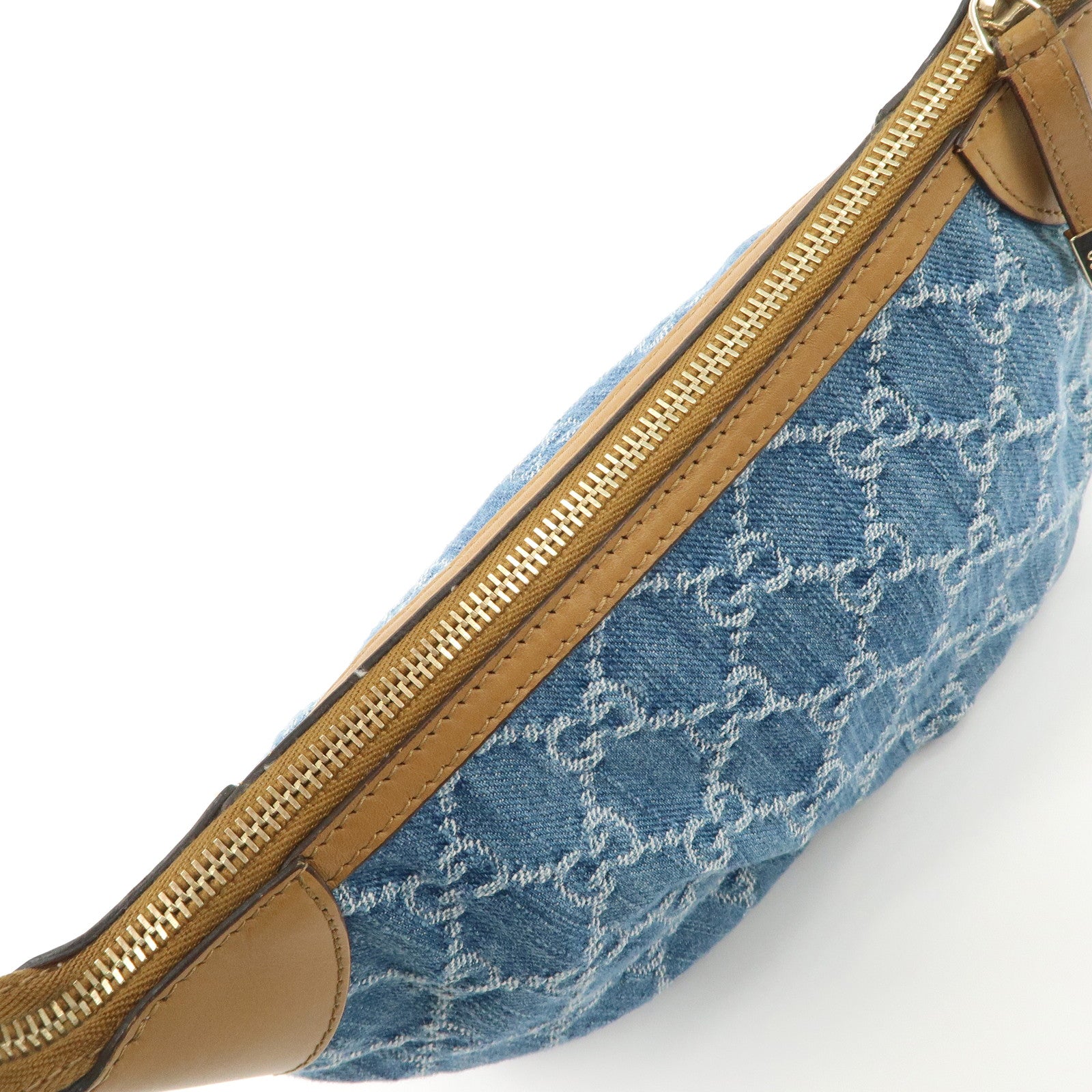 GUCCI GG Denim Leather Accessory Pouch Hand Bag Blue Brown 224093 Used