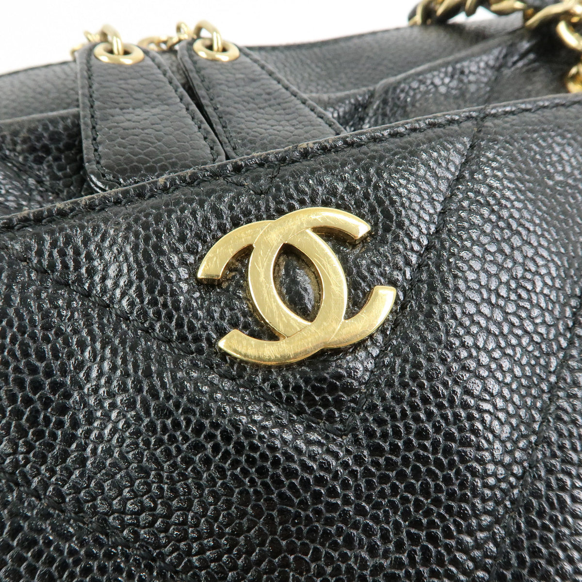 CHANEL Chevron COCO Mark Caviarskin Chain Shoulder Bag Black