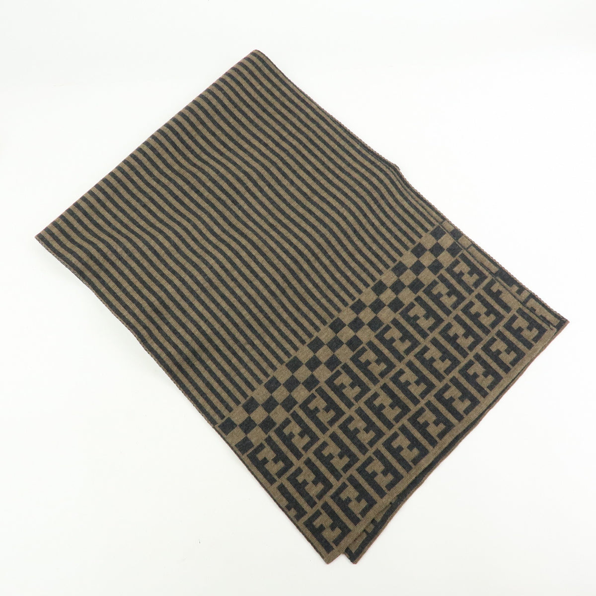 FENDI Zucca Pequin Wool 100% Knitted Shawl Scarf Brown
