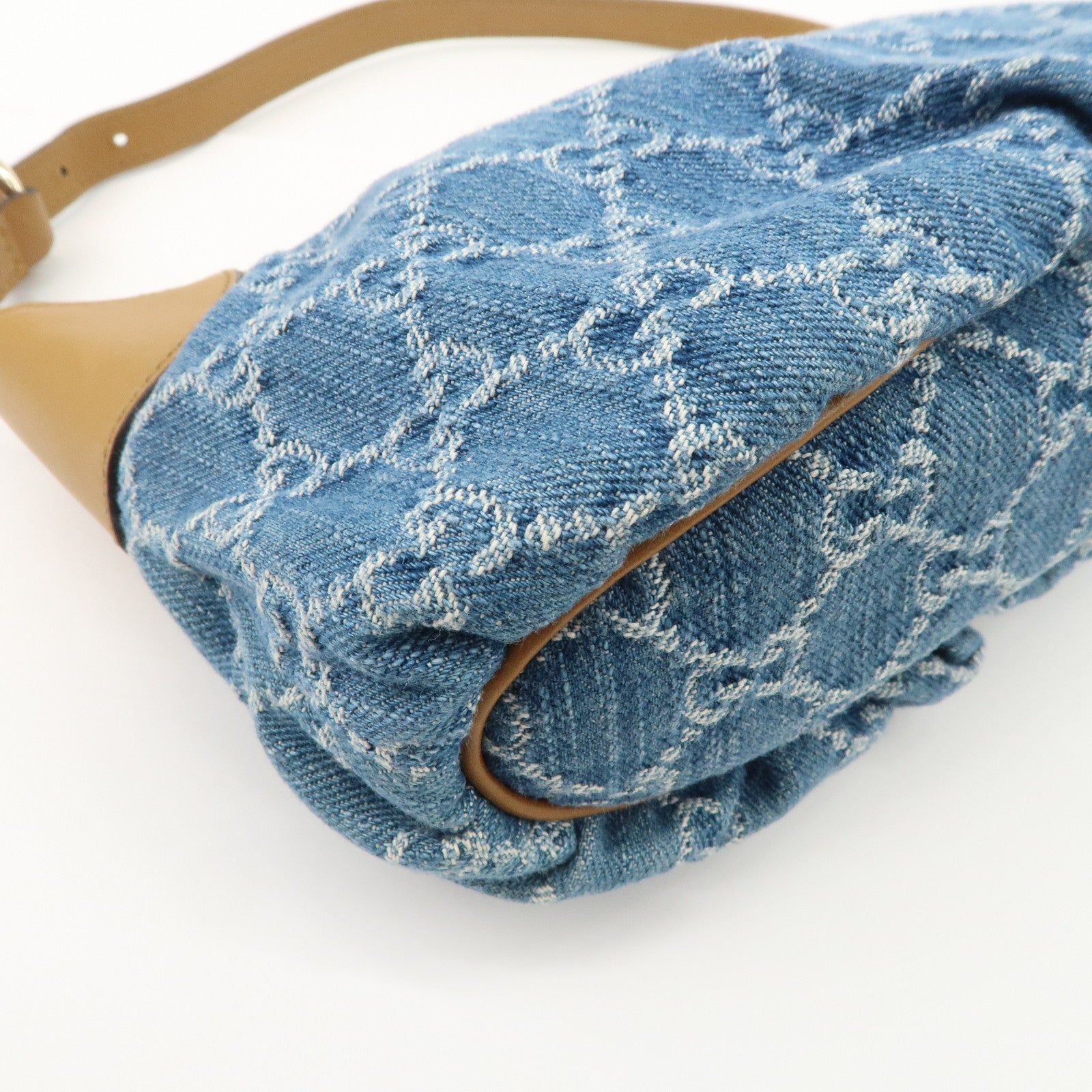 GUCCI GG Denim Leather Accessory Pouch Hand Bag Blue Brown 224093 Used