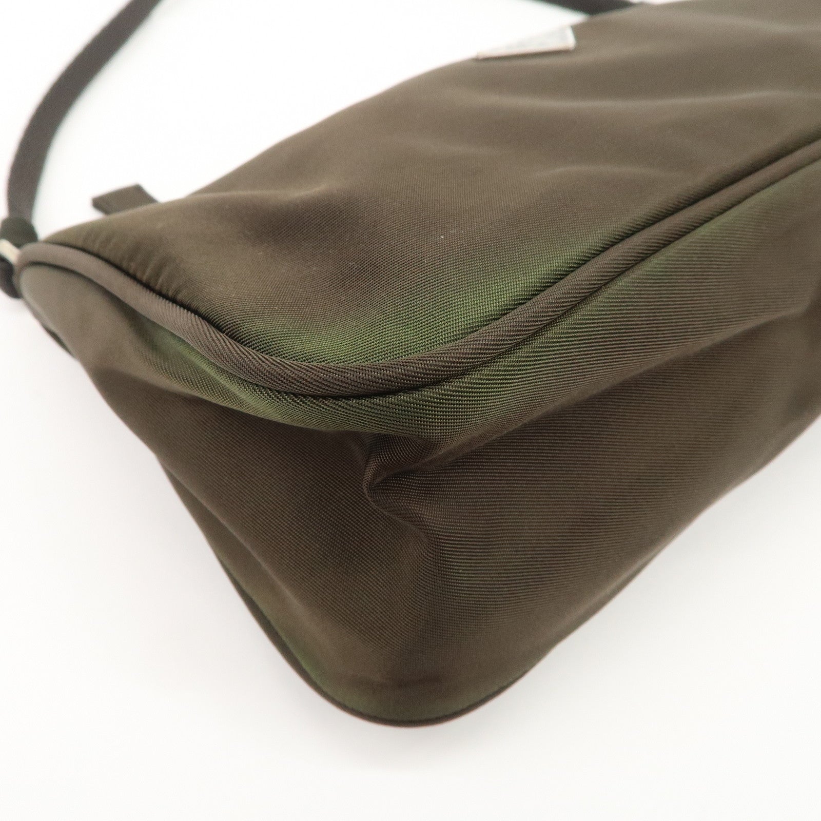 PRADA Triangle Logo Nylon Leather Accessory Pouch Hand Bag Khaki Silver HDW Used