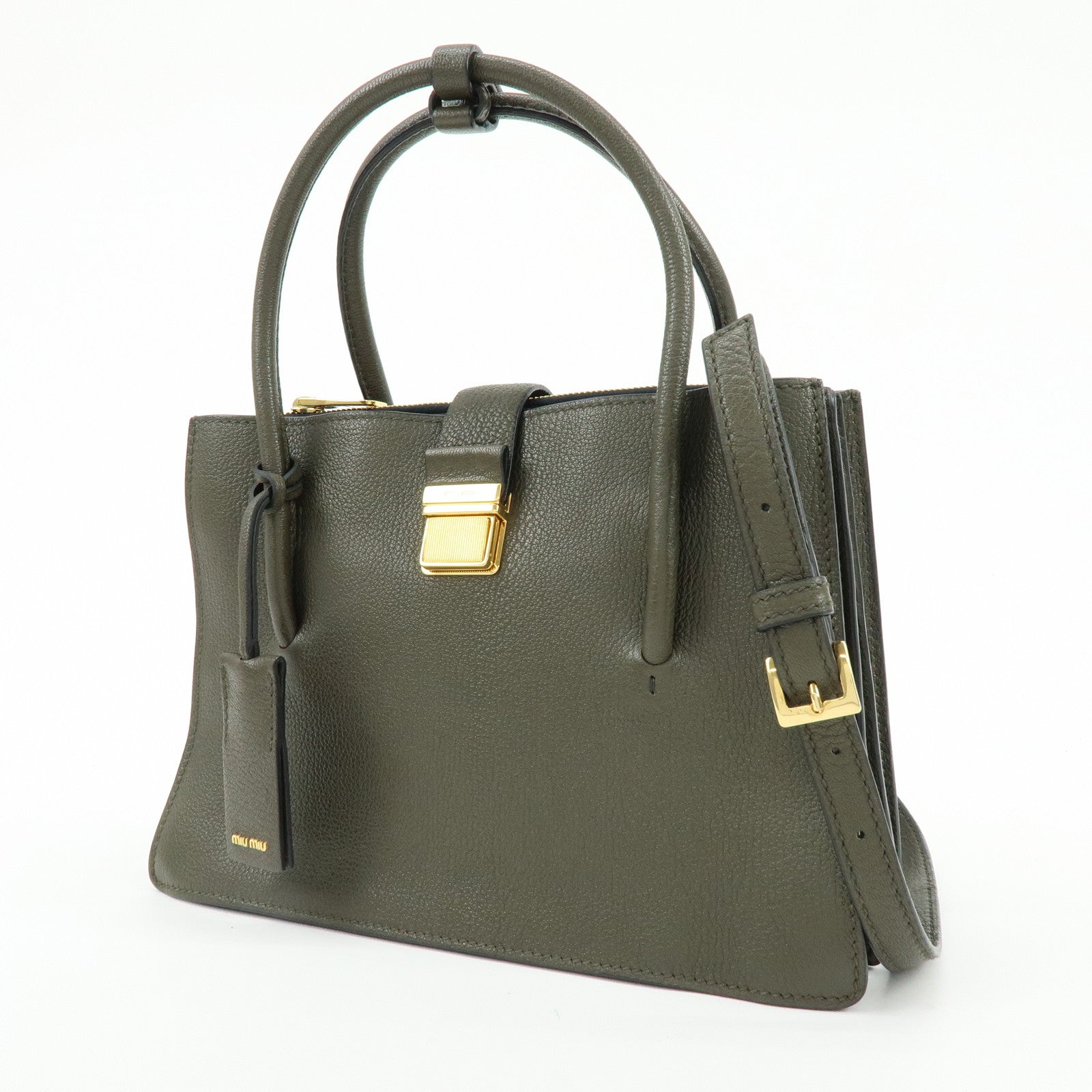 MIU MIU Madras Leather 2Way Bag Hand Bag Shoulder Bag Khaki 5BA104