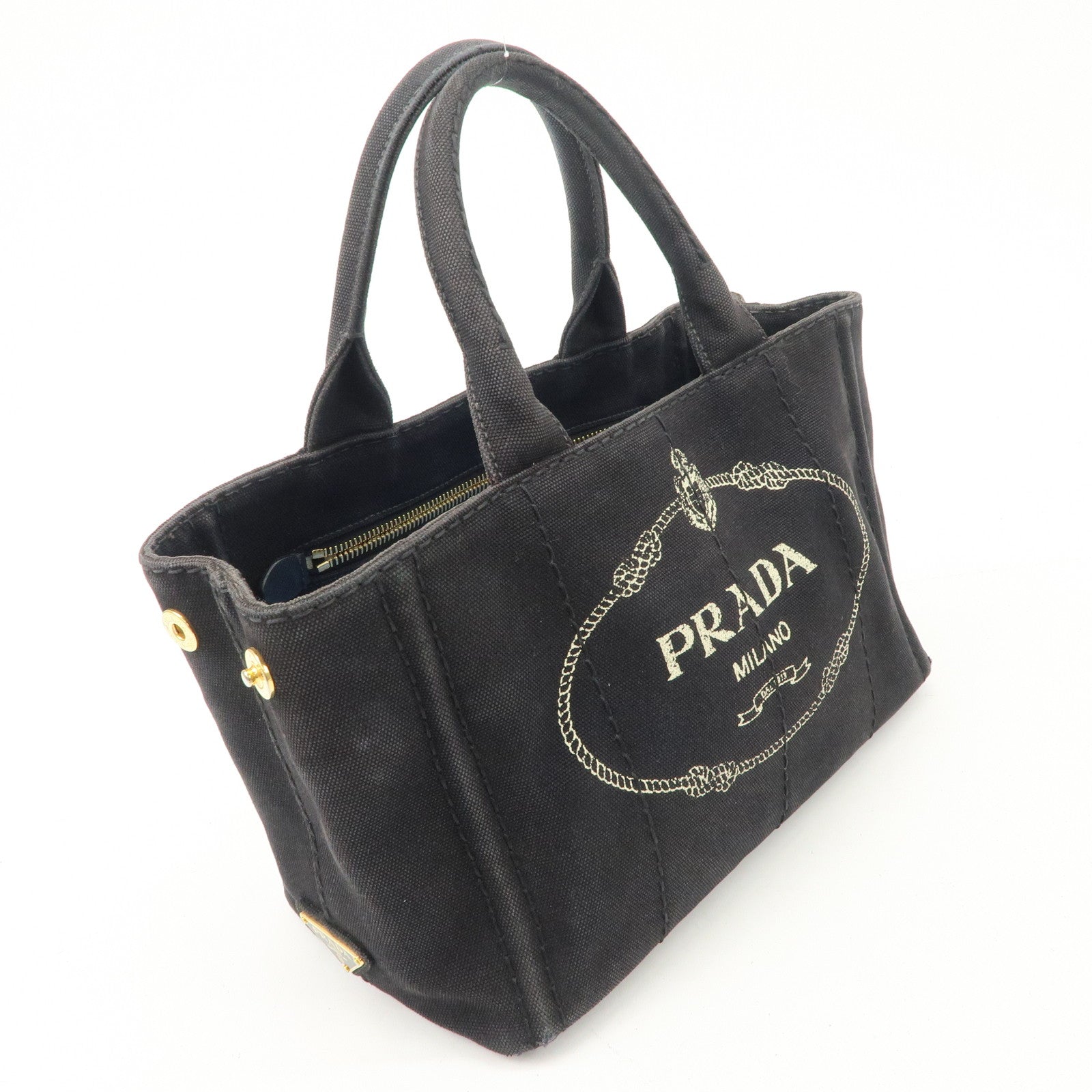 PRADA Logo Denim Canapa Canvas 2 Way Tote Bag Hand Bag Black B2642B Used