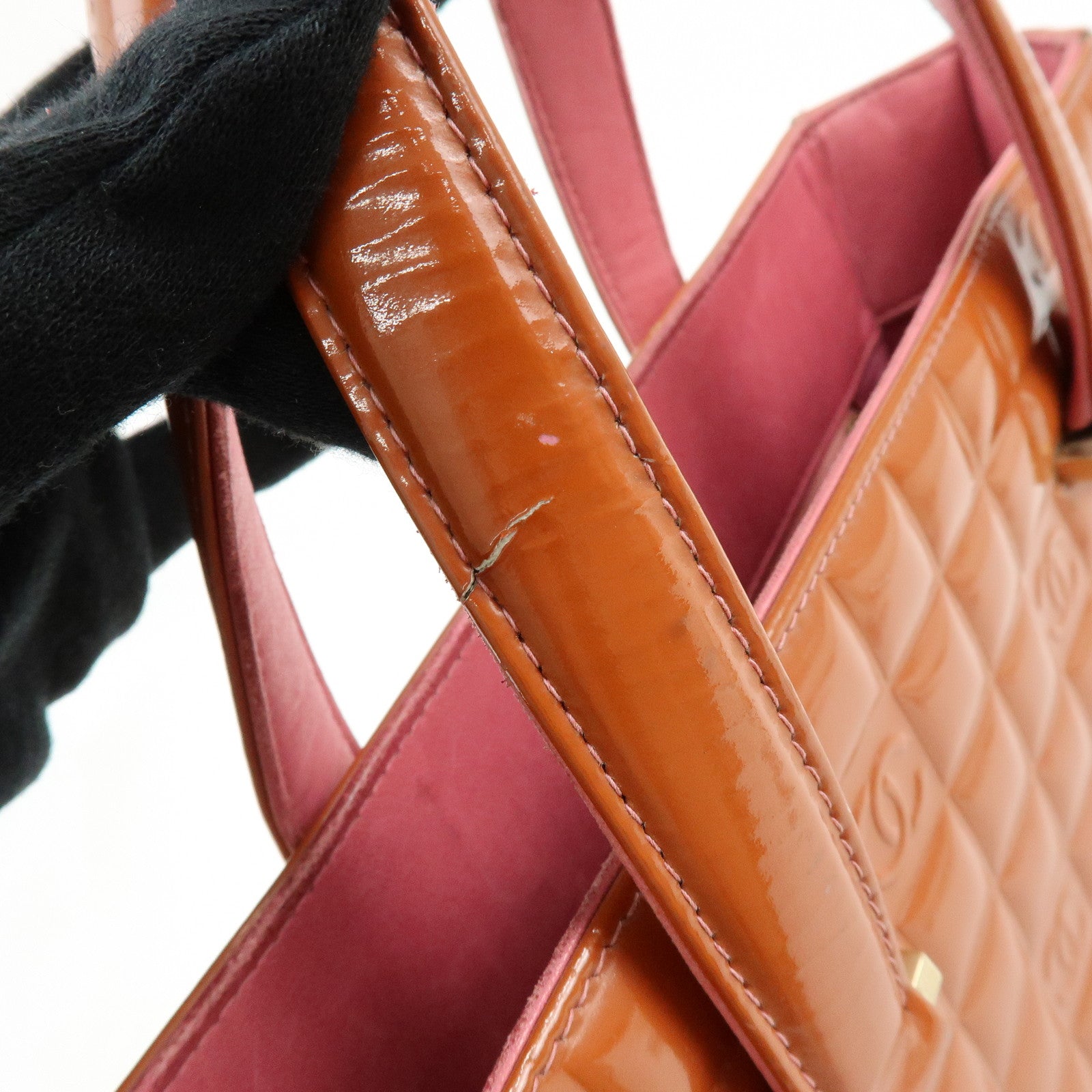 CHANEL Chocolate Bar COCO Mark Patent Leather Hand Bag Tote Bag Orange