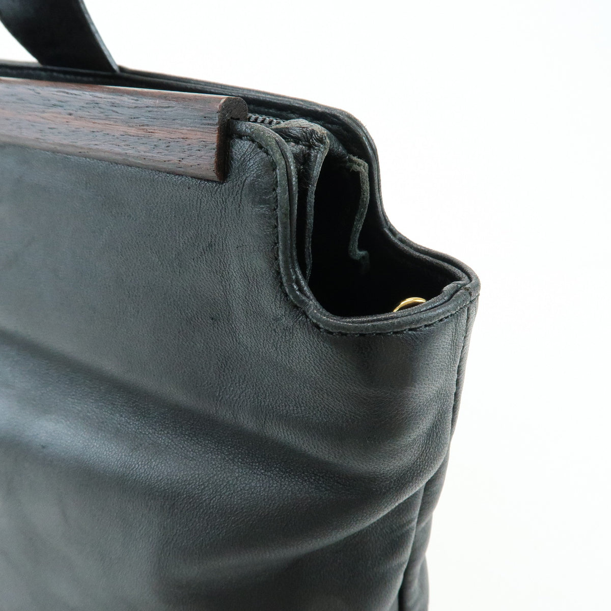 LOEWE Nappa Leather Wood Hand Bag Tote Bag Black Brown