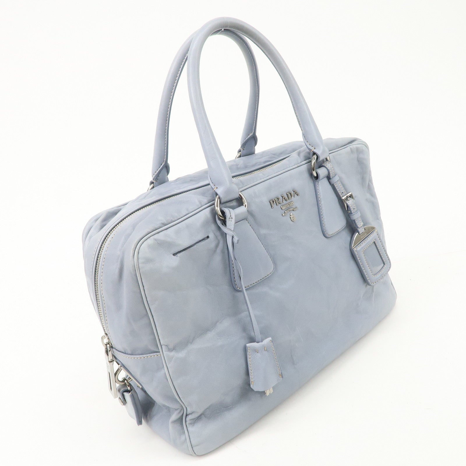 PRADA Logo Leather Shoulder Bag Hand Bag Blue BL094F Used