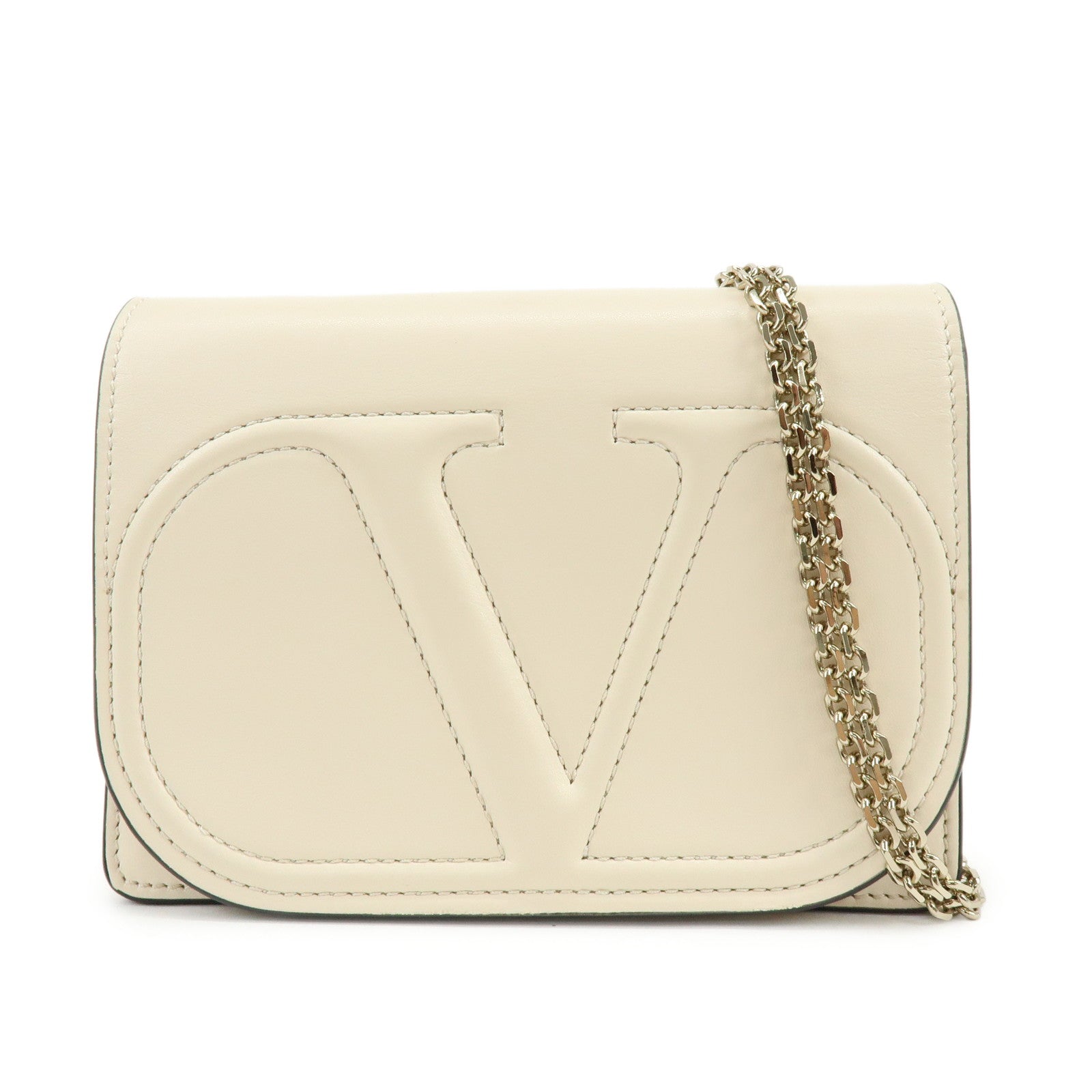 VALENTINO V Logo Leather Chain Shoulder Bag Crossbody Bag Ivory