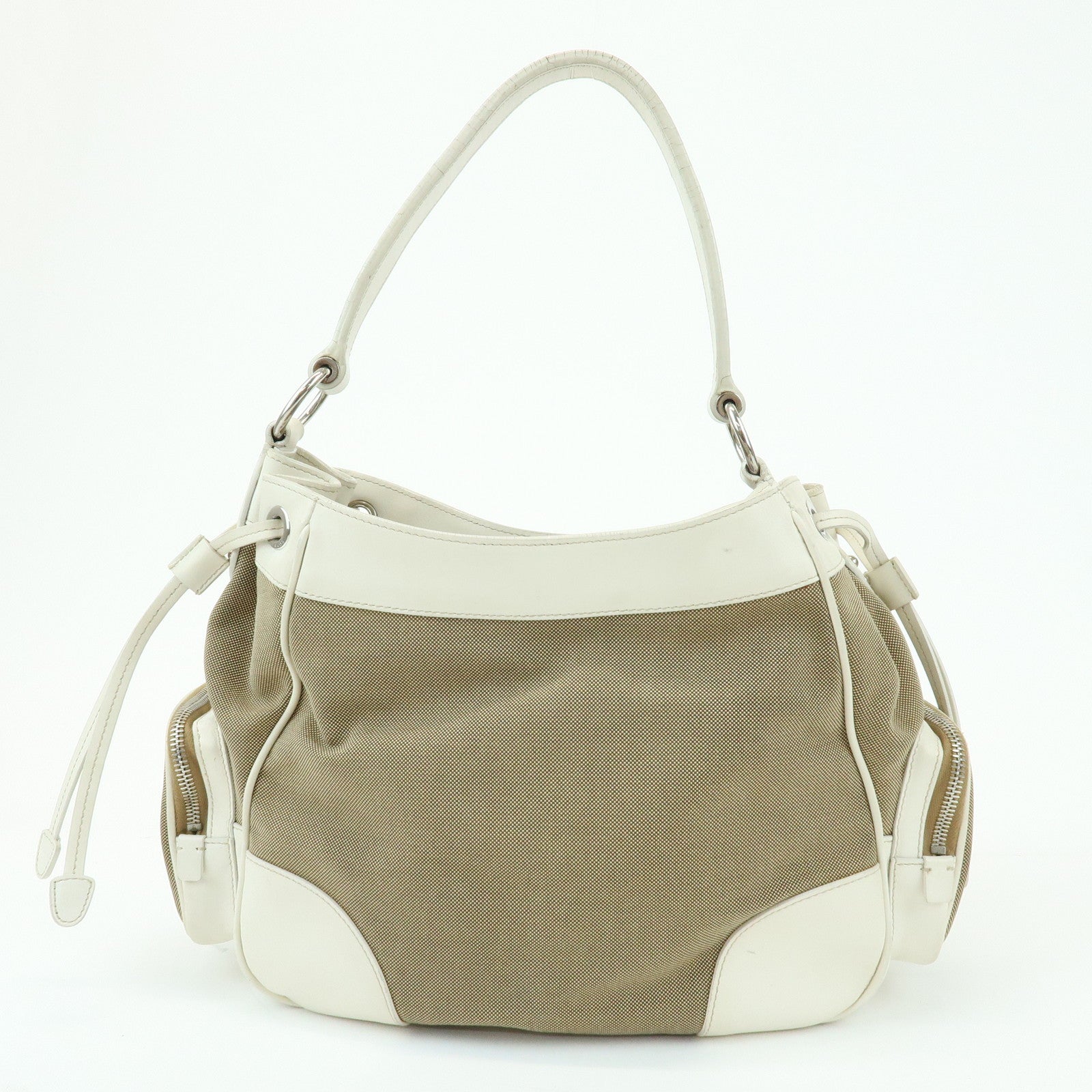 PRADA Triangle Logo Nylon Jacquard Leather Shoudler Bag Beige Ivory