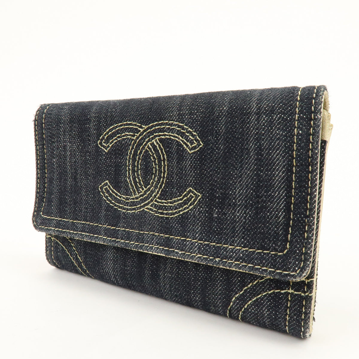 CHANEL COCO Mark Denim Long Wallet Indigo Blue Gold A31991