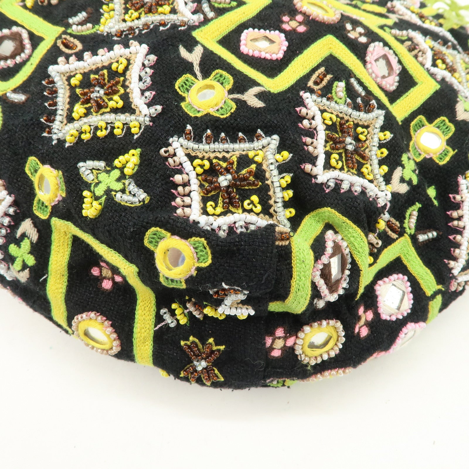 FENDI Canvas Leather Beaded Embroidery Tote Bag Hand Bag Black Used