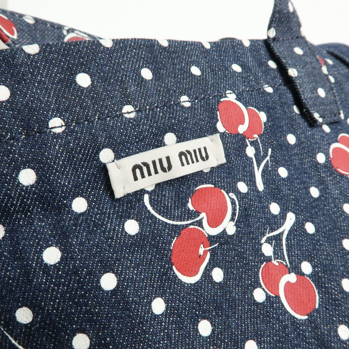 MIU MIU Denim 2Way Bag Tote Shoulder Bag Dots Cherry Print Blue 5BG108