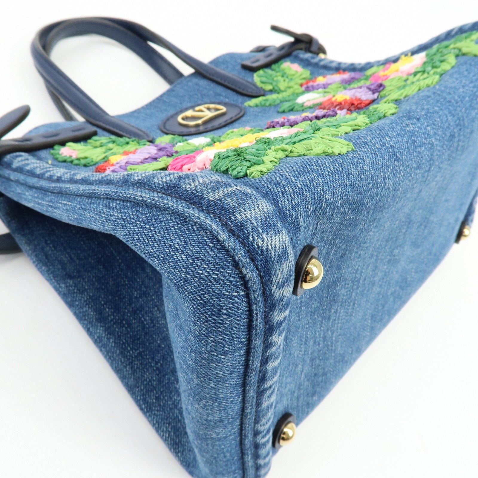 VALENTINO Denim Leather 2Way Hand Shoulder Bag Flower Embroidered