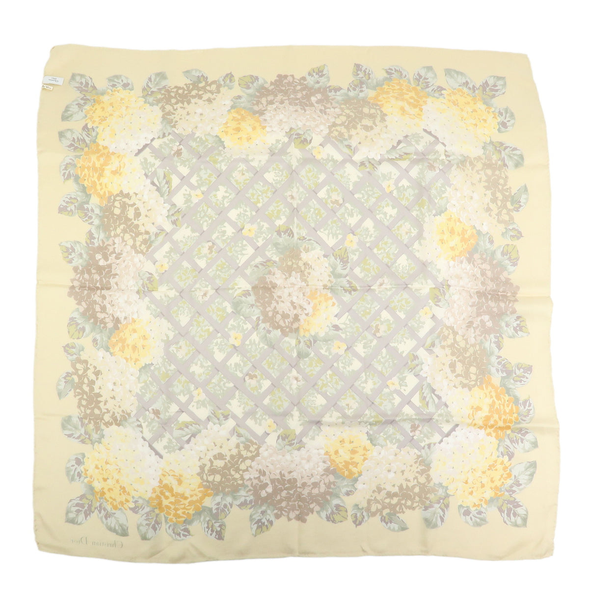 Christian Dior Silk 100% Scarf Hydrangea Print Beige Yellow Green