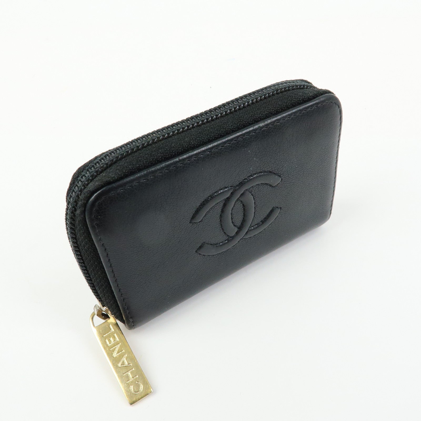 CHANEL COCO Mark Calf Skin Round Zippy Compact Wallet Black